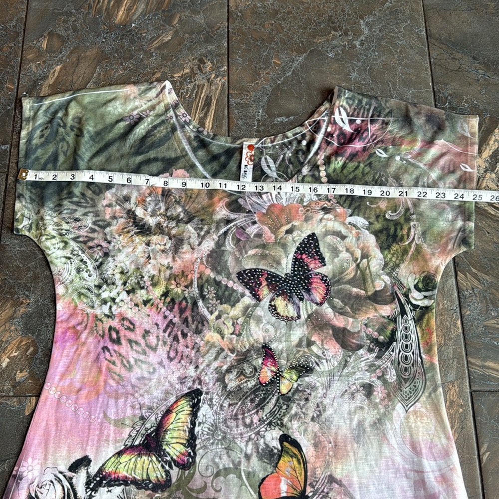 Big Bang Womens Wearable Art Tunic Top XL Butterfly Print Rhinestones Hi Low - Picture 10 of 12